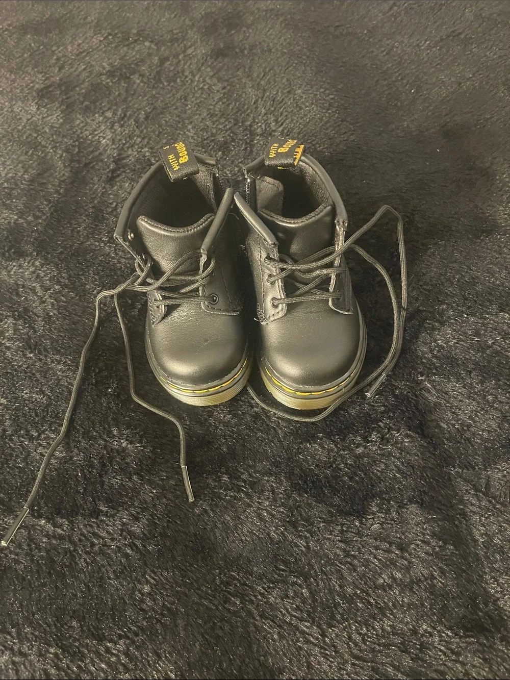 NWOT TODDLER Dr. Martens 1460 Black Lace-Up Boots with Yellow Trim NEVER WORN